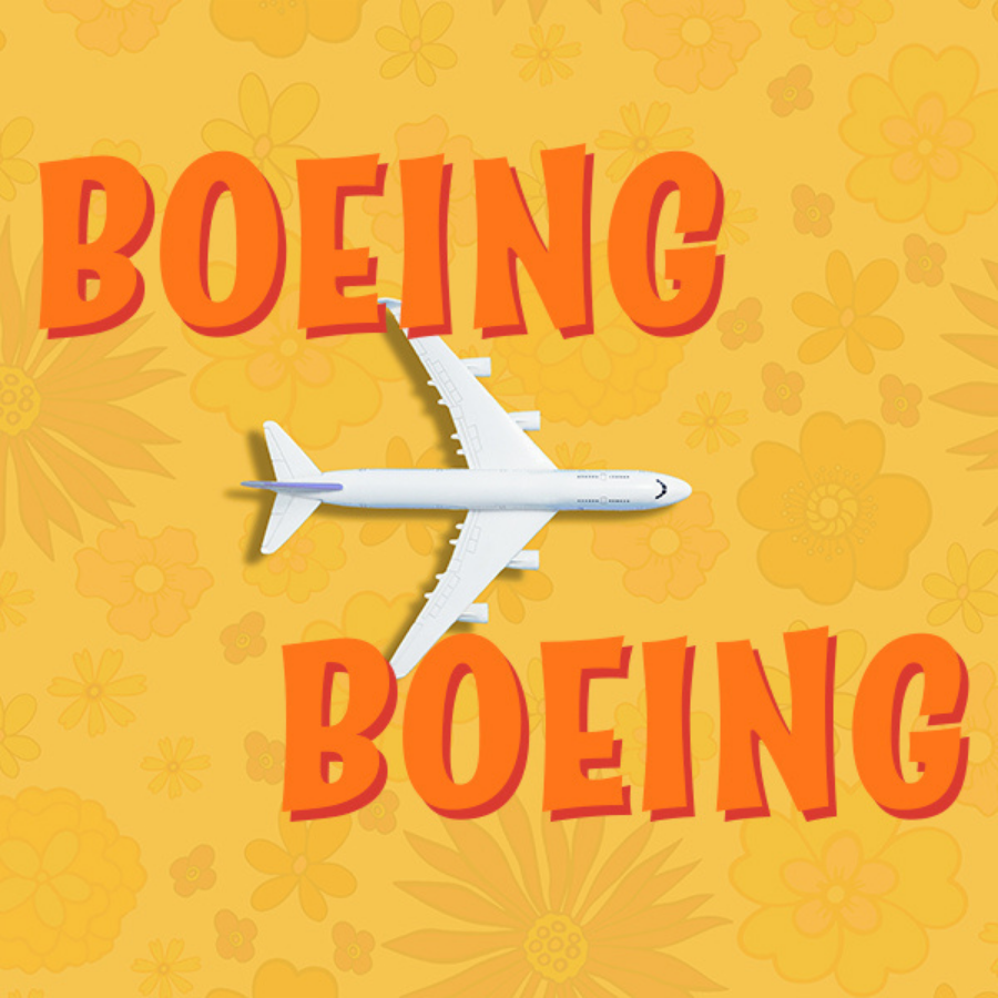 The show title, Boeing Boeing, in orange text over an airplane flying, all on a yellow background with faded flowers.
