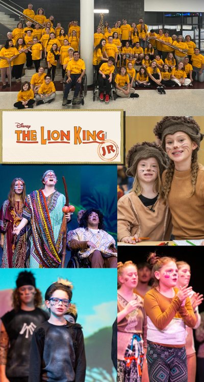 A collage of photos from Altoona's production of Aladdin Jr, featuring a young man in a wheelchair as Aladdin, a photo of the entire cast onstage, a young woman dressed as Jasmine surround by dancers, and a young blonde girl with purple glasses and wearing a hot pink costume featuring gold bangles on the shirt.